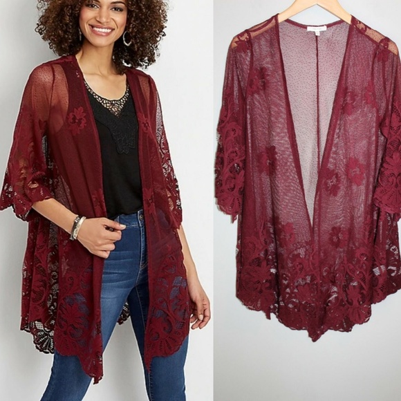Maurices Tops - Maurices Lace Open Front Kimono Burgundy HW6543